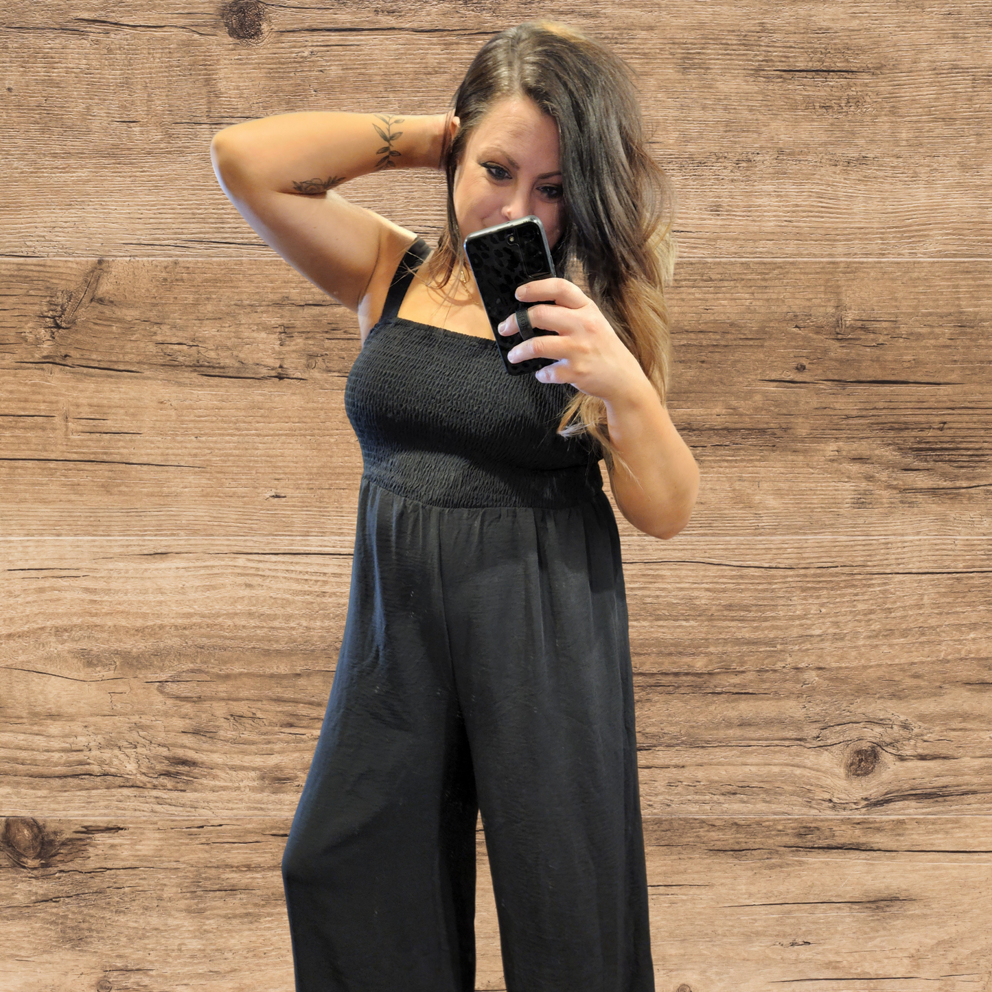 Black Smocked Sleeveless Wide Leg Jumpsuit with Pockets
