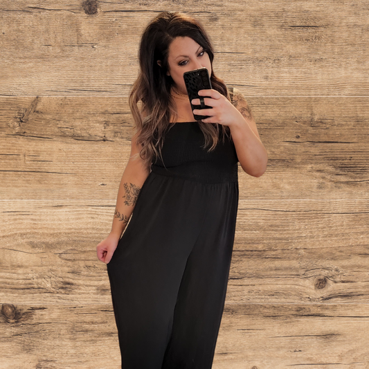 Black Smocked Sleeveless Wide Leg Jumpsuit with Pockets